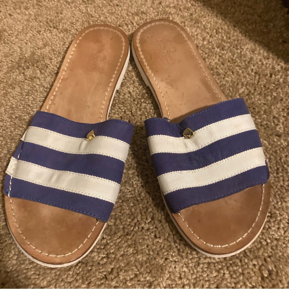 Kate Spade Bright Blue Nubuck White Grosgrain Stripe Imperiale Slide Sandals